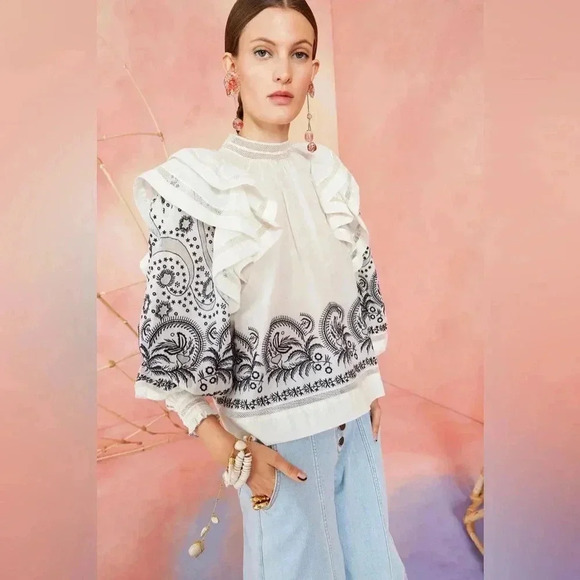 Ulla Johnson Annetta Cotton Ruffle Blouse Long Sleeve Embroidered Boho Peasant 2 - Picture 1 of 13
